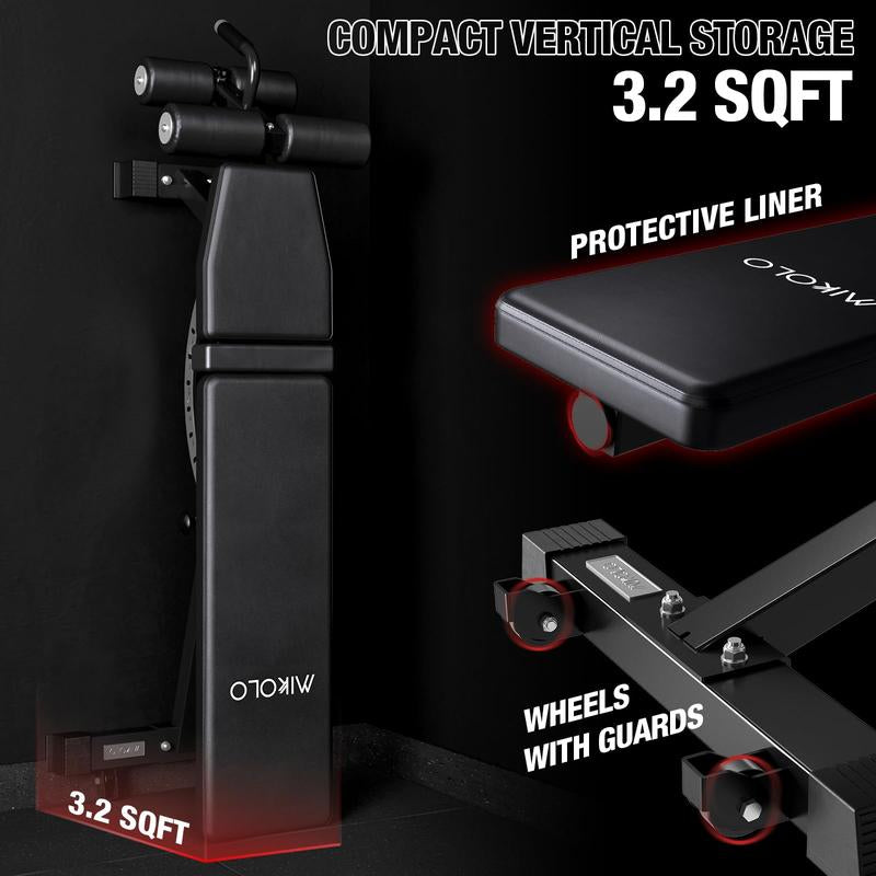 MIKOLO Adjustable Weight Bench, Workout Bench Press Set, Removable Leg Support for Flat Incline Decline Sit up Bench, Vertical Storage Space-Saving Multi-Functional Home Gym Equipmentmikolo