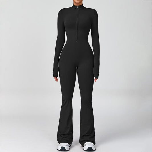 Women'S Long Sleeve Flared Sports Jumpsuit - Zipper Jumpsuit, Wide Leg Bodysuit, Sexy One-Piece Yoga Jumpsuit, Fitness Activewear for the Gym, Pilates, Casual or Street Wear, Tennis Skirt with Shorts and Tie-Front Activewear Sporty Yoga Set