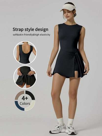 Women'S Sleeveless Yoga Golf Athletic Dresses Ruffle Side Slit Workout Dress Built-In Shorts Tennis Dress Exercise Summer Outfits Beach Outfits Casual Clothes Slim Soft